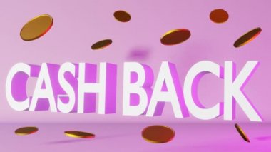 Yüzen altın sikkeler, 3 boyutlu animasyon mor neon ışıklı afiş. Para tasarrufu konsepti, finansal iade hizmeti, online alışveriş primi, indirimli reklam afişi şablonu.