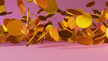 Pembe neon arka planda düşen altın sikkeler 3 boyutlu animasyon 4K para patlaması finansal büyüme kumarhane dürtüsü. Metal para birimi. Servet kazandı. Başarılı oldu.