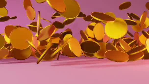 ピンクのネオンの背景に黄金のコインが落ちる3Dアニメーション4K 金属通貨富の勝利運勢収益成功キャッシュバックボーナス収益性の高いビジネス — ストック動画