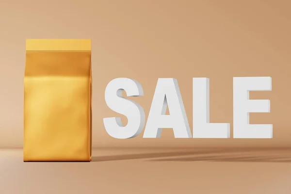 Golden Standing Pouch Bag Branding Sale Sign Rendering Neutral Beige — Stock Photo, Image