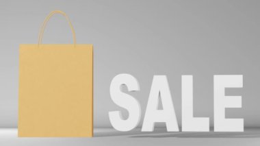 Boş kağıt alışveriş torbası markalı gri arka plan 3D animasyon. Kahverengi Kraft alışveriş şablonu. Mağaza indirimli reklam pankartı tasarımı. En iyi fiyat kuponu hediye teslimat paketi 4K