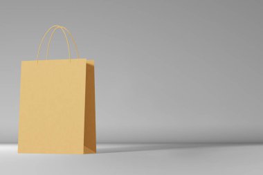 Boş kağıt alışveriş torbası markalı gri arka plan 3D görüntüleme. Kahverengi Kraft alışveriş şablonu. Mağaza indirimli reklam pankartı tasarımı. En iyi fiyat kuponu. Hediye teslimat paketi.