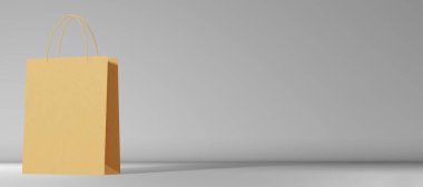 Boş kağıt alışveriş torbası markalı gri arka plan 3D görüntüleme. Kahverengi Kraft alışveriş şablonu. Mağaza indirimli reklam pankartı tasarımı. En iyi fiyat kuponu. Hediye teslimat paketi.