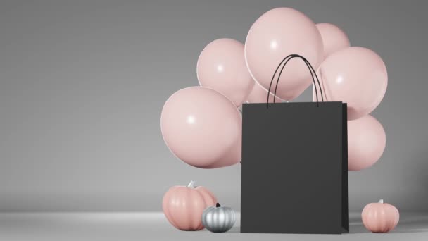 万圣节促销横幅 南瓜黑色购物袋品牌造型粉色气球3D动画 — 图库视频影像