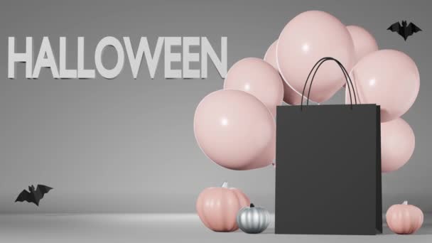 Halloween Sale Promo Banner Pumpkins Black Shopping Bag Branding Mockup — Stock Video