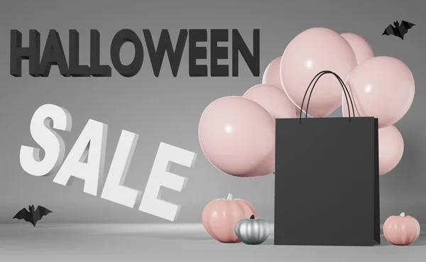 Halloween Försäljning Promo Banner Pumpor Svart Shoppingväska Branding Mockup Rosa — Stockfoto