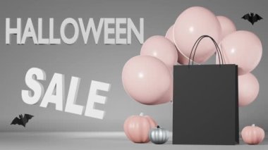 Cadılar Bayramı tanıtım afişi. Pumpkins Black alışveriş çantası markalı pembe balonlar 3D animasyon. Şükran Günü sonbahar alışveriş şablonu. İndirimli fiyat teklifi tasarım hediye paketi.
