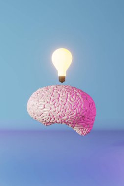 İnsan beyni parlayan ampul neon arka plan 3D görüntüleme. Yaratıcı fikir Yapay Zeka Pozitif düşünme duygusu Zihinsel sağlık. Hafıza geliştirme Farkındalık Eğitim Bilişsel Geliştirme
