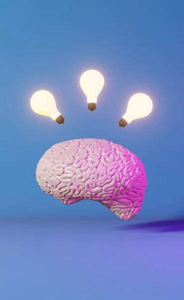 人間の脳が光る電球ネオン背景3Dレンダリング創造的なアイデア人工知能ポジティブ思考感情精神健康 メモリ改善マインドフルネス教育認知発達 — ストック写真