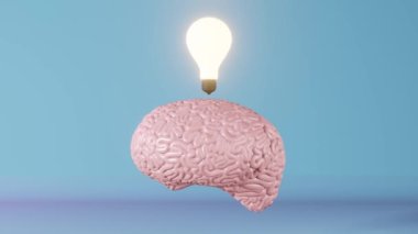 İnsan beyni parlayan ampul neon arka planı 3d animasyon. Yaratıcı fikir Yapay Zeka Pozitif düşünme duygusu Zihinsel sağlık. Hafıza geliştirme Farkındalık Eğitimi Bilişsel Gelişim