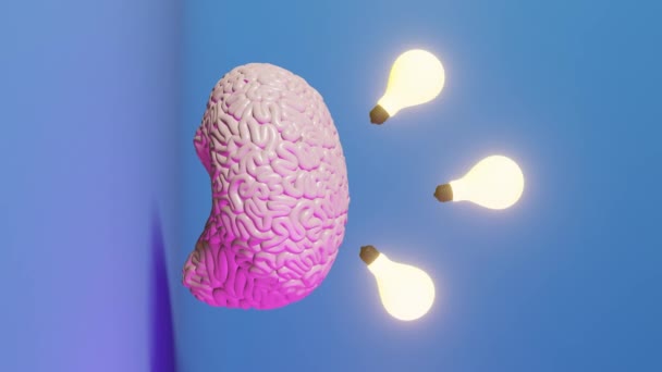 人脑发光灯泡神经元垂直3D动画 创意创意人工智能积极思考情绪心理健康 健忘教育认知发展 — 图库视频影像