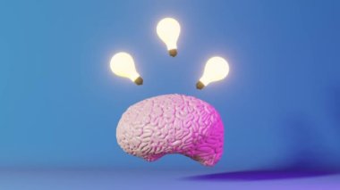 İnsan beyni parlayan ampul neon arka planı 3d animasyon. Yaratıcı fikir Yapay Zeka Pozitif düşünme duygusu Zihinsel sağlık. Hafıza geliştirme Farkındalık Eğitimi Bilişsel Gelişim