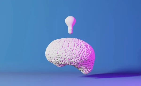 Human brain pastel light bulb neon background 3d rendering. Creative idea Artificial intelligence Positive thinking emotion Mental health.Memory improvement Mindfulness Education Cognitive development