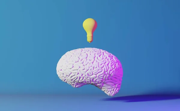 Людський Мозок Жовта Лампочка Неонова Тло Рендеринга Творча Ідея Штучний — стокове фото