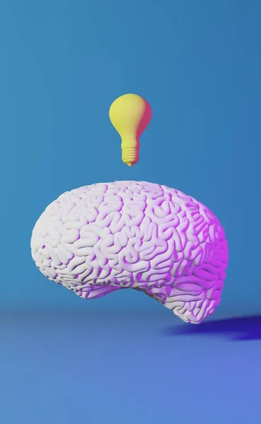 Cérebro Humano Amarelo Lâmpada Neon Fundo Renderização Ideia Criativa Inteligência — Fotografia de Stock