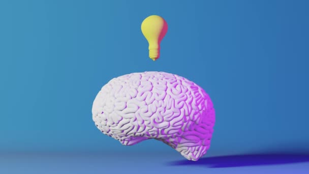 人間の脳黄色の電球ネオン背景3Dアニメーション 創造的なアイデア人工知能積極的な思考感情の健康 メモリの改善マインドフルネス教育認知発達 — ストック動画