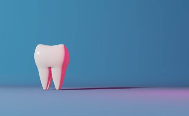 Beyaz, sağlıklı azı dişi 3D, açık mavi pankart işlemeli. Enamel beyazlatıcı diş macunu tartar temizleme Ulusal Diş Hekimi Günü 20 yaş diş çıkarma. Ağız bakımı Diş Sigortası Kliniği
