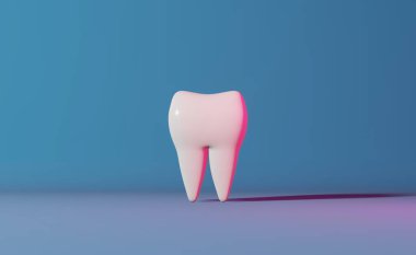 Beyaz, sağlıklı azı dişi 3D, açık mavi pankart işlemeli. Enamel beyazlatıcı diş macunu tartar temizleme Ulusal Diş Hekimi Günü 20 yaş diş çıkarma. Ağız bakımı Diş Sigortası Kliniği