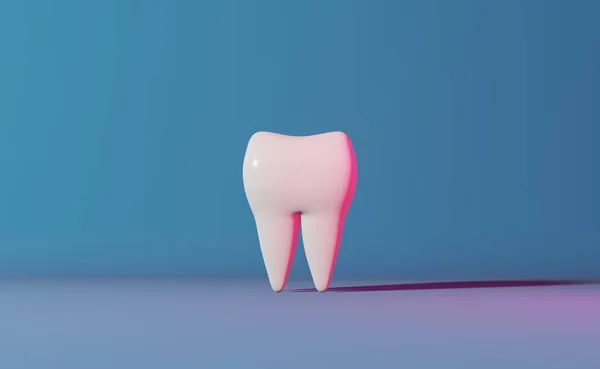 Branco Dente Molar Saudável Renderização Banner Neon Luz Azul Fundo — Fotografia de Stock