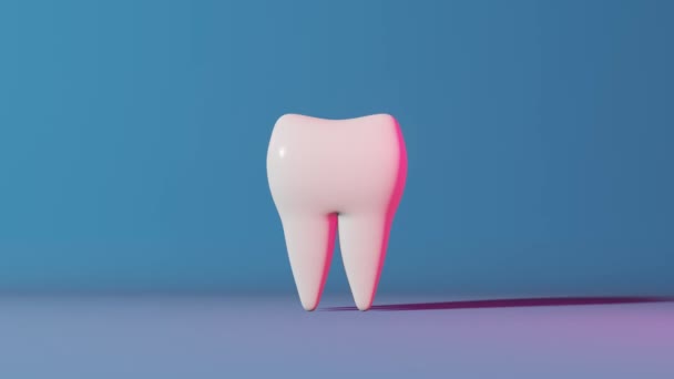 Diente Molar Sano Blanco Animación Lazo Neón Fondo Azul Claro — Vídeo de stock