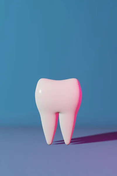 Branco Dente Molar Saudável Renderização Banner Neon Luz Azul Fundo — Fotografia de Stock