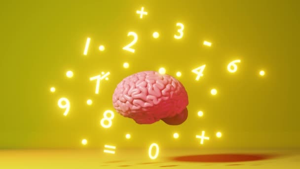 人脑数字数学符号黄色背景3D动画 国际数学日代数学习技能教育记忆提高微积分分析操作记忆 — 图库视频影像
