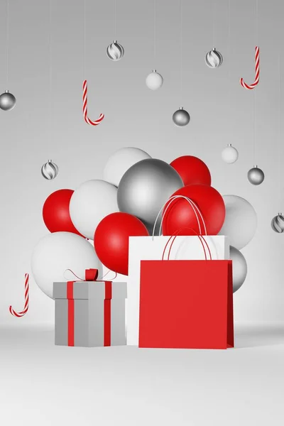 Christmas sale 3d rendering Blank shopping bag branding mockup red white balloon candy cane ball gift box template. Shop winter discount promo banner Best price New Year Special offer purchase package