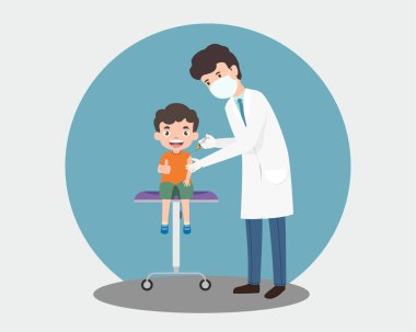 Coronavirus aşısı konsepti. Genel nüfus konsepti çizimi için aşı dağıtımı. Coronavirus COVID-19 koruması. Doktor, hastanedeki çocukların omzuna aşı yaptı..