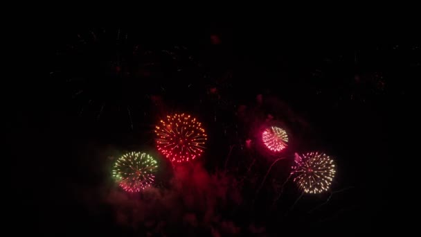 Bilder Real Fireworks Natten Bakgrunder Abstrakta Verkliga Lysande Fyrverkerier Med — Stockvideo