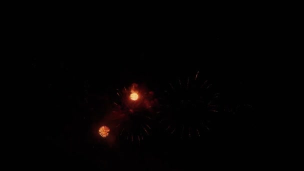映画夜の背景に本物の花火のBロール 夜空にボケが灯る抽象的な本物の輝く花火 お祝い花火大会や新年の前夜祭 カラフルな花火 — ストック動画