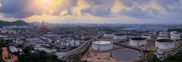 Panorama Image Aerial View Drone Oil Storage Tank Oil Refinery — Stock Photo, Image