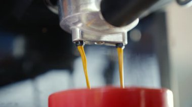 Kahve makinesinden fincana kahve dökülüyor. Ev yapımı sıcak Espresso. Filtre tutacağı kullanılıyor. Taze kahve akıyor. Sabahları kavrulmuş sade kahve içmek. Ev yapımı. 4k b-roll.