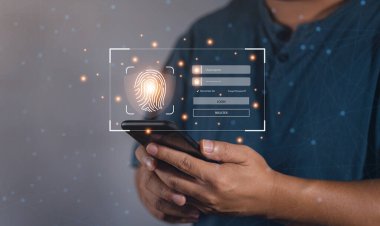 Cyber security and Fingerprint login, User, identification information security and encryption. Technology secure access and connection data. Verify access information. Login form internet browser.