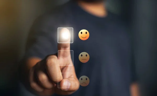 Feedback Rating Concept Man Choosing Smiley Face Icon Feedback Rating — 图库照片