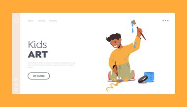 Çocuklar Art Landing Page Şablonu. Boya Fırçası Çizim Reklamlı Küçük Çocuk. Çocuk Boyama, Karakter Oluşturma Resimleri