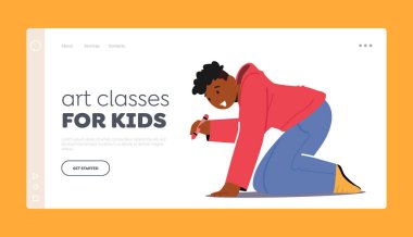 Çocuk İniş Şablonu için Sanat Dersleri. Diz çöküp kağıt ya da asfalta resim çizen Afrikalı çocuk.