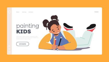 Çocukların İniş Şablonu Boyanıyor. Yerde yatan renkli kalemli Küçük Kız Karakteri Kağıtta Resimler Oluştur