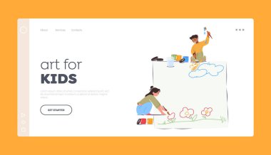 Çocuklar için Sanat İniş Şablonu. Kağıt Çarşaf Boyayan Çocuklar Yerde Yatıyor. Boyalı Küçük Oğlan ve Kız