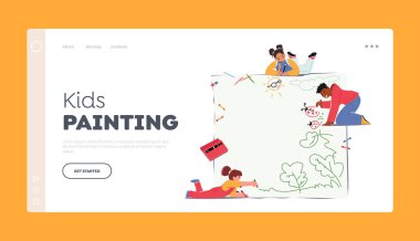 Kağıt İniş Sayfa Şablonunda Boyalı Çocuklar. Çocukların yaratıcılığı ve etkinliği. Küçük Karakterler Boyası