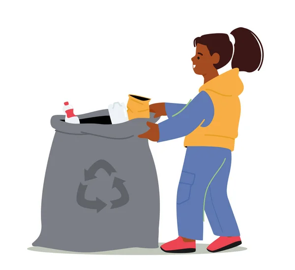 쓰레기 청소, 생태 보호, 쓰레기 재활용 컨셉. 소녀가 쓰레기를 백지에 고립된 말뚝에 던져 넣는 모습 — 스톡 벡터