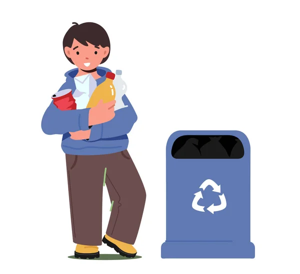 Malý chlapec sbírat koš, držení plastové pytle a láhve stojan v blízkosti Recyklace odpadkového koše. Vyčištění postavy chlapce — Stockový vektor