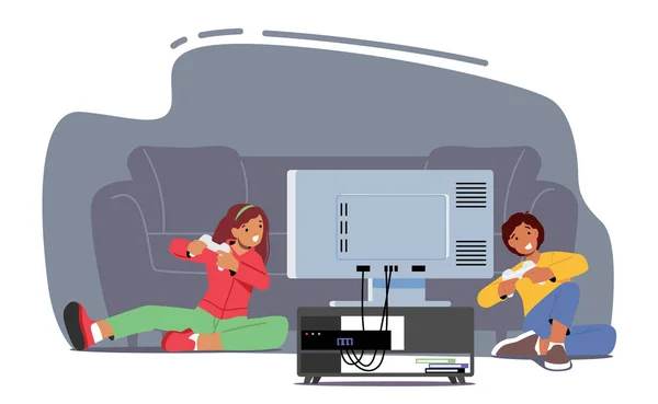 少年少女ビデオゲームをプレイ。幸せな子供の文字手の中にジョイスティックでテレビのセットの前に座って、ゲーム — ストックベクタ