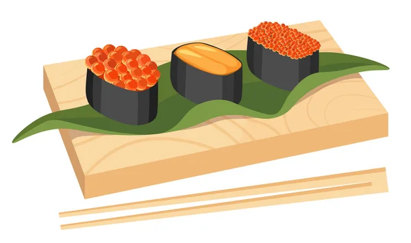 Ιαπωνική κουζίνα Sushi Set Gunkanmaki Ikura με σολομό Roe, Tobiko με ιπτάμενα ψάρια Roe ή Uni με θαλασσινά Urchin επί του σκάφους — Διανυσματικό Αρχείο