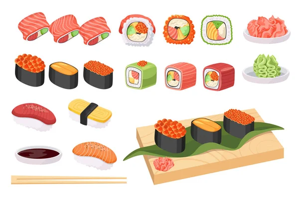 Set Japan Food, Cuisine Japonaise Sushi et Rolls aux Poissons et aux Algues. Fruits de mer Gunkanmaki Ikura, Tobiko, Uni, Uramaki — Image vectorielle