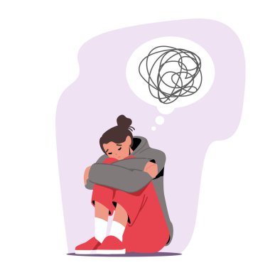 Kadın Karakteri Depresyonu, Stres. Bunalımlı Mutsuz Kadın Kafasında Karmaşık Düşüncelerle Yerde Oturuyor, Kızın İhtiyacı Var