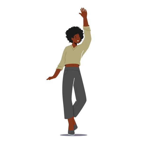 Happy African Female Character Waving Hand (em inglês). Jovem Mulher Positiva Saudação Gesto, Garota Alegre Emoção excitada — Vetor de Stock