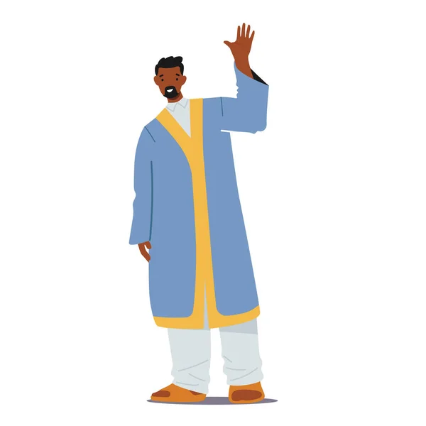 Hombre árabe, egipcio, pakistaní en ropa tradicional saludando con la mano o dando la bienvenida al gesto. Hombre carácter decir hola — Vector de stock