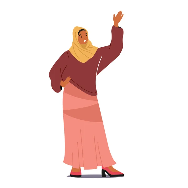 Arabiska kvinnan viftar med handen. Arabisk Muselman Kvinnlig Karaktär Klädd i Traditionell Nationell Kostym Hijab Säg Hej, Välkommen — Stock vektor