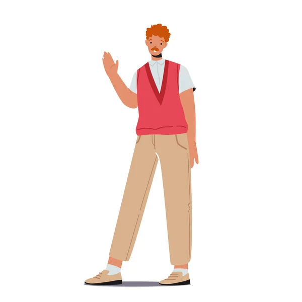 Happy Male Character Waving Hand, Ginger Haid Mustached Man in Casual Clothes Show Welcome Gesture, Gesturing — Διανυσματικό Αρχείο