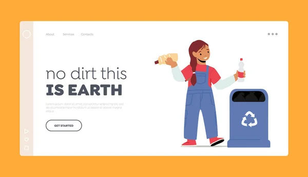 Dia Mundial do Meio Ambiente, Save Earth Planet Concept for Landing Page Template (em inglês). Menina jogar lixo na lixeira de reciclagem — Vetor de Stock